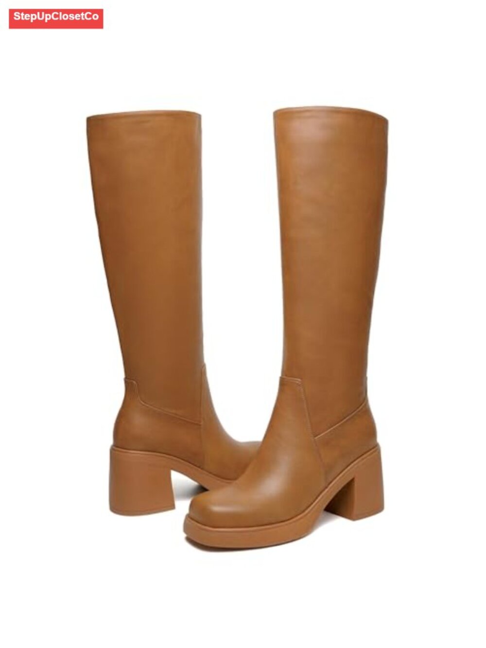 Women's Platform Knee High Boots Chunky Heel Faux Leather Tall - Picture 5 of 6